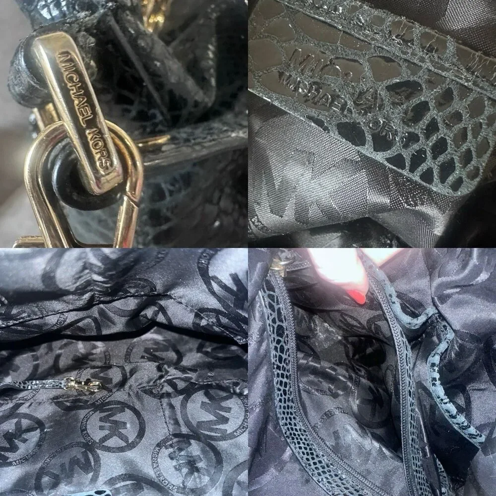 Michael Kors Black Glossy Embossed Leather Shoulder Bag Gold Chain Hobo Slouchy